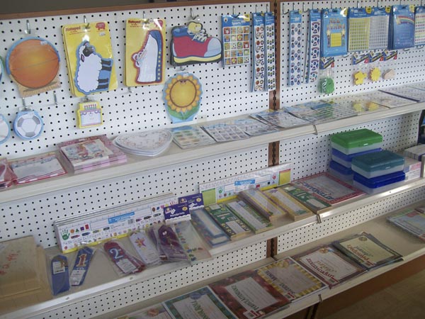 School and classroom supplies on a shelf